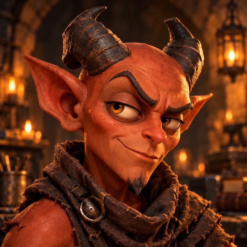 IMP-01, a horned imp with a skeptical expression
