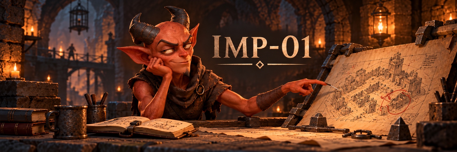IMP-01 inspects a dungeon blueprint by lantern light