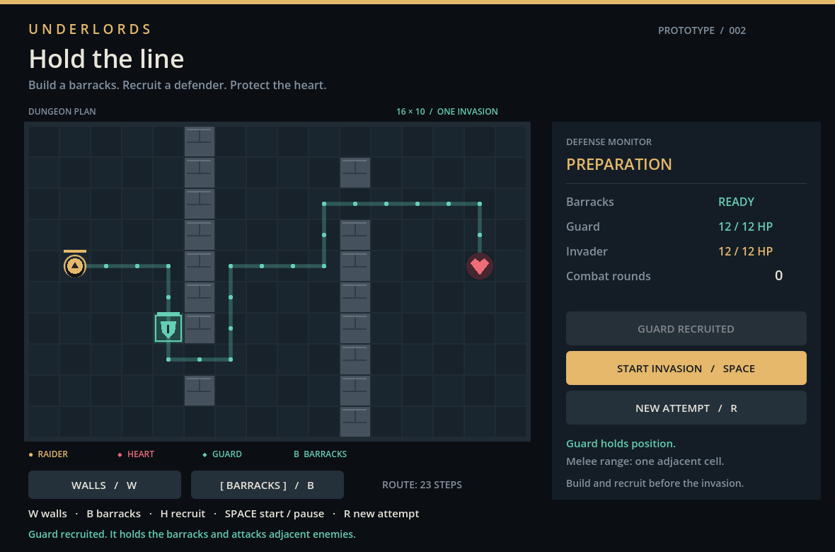 Actual early Godot prototype: a grid, invader route, barracks, defender, and dungeon heart